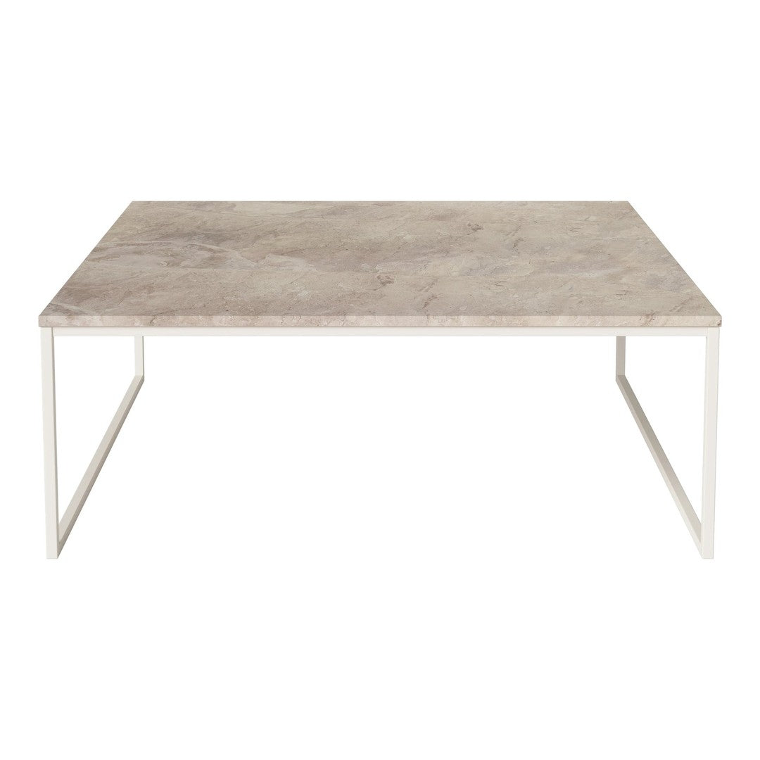 Modern coffee table with a light gray marble top and white metal legs, featuring a sleek, minimalist design.