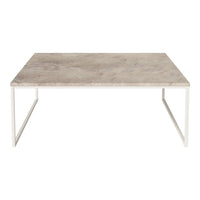 Modern coffee table with a light gray marble top and white metal legs, featuring a sleek, minimalist design.