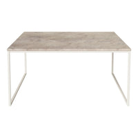 Minimalist rectangular table with a sleek gray marble top and white metal legs, perfect for modern decor.