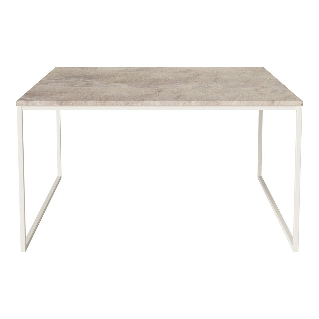 Grey marble top dining table with minimalist white metal legs, perfect for modern decor.