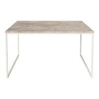 Grey marble top dining table with minimalist white metal legs, perfect for modern decor.