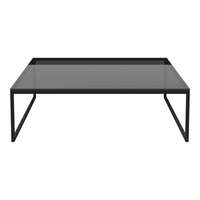 Modern black coffee table with a sleek glass top and minimalist design, perfect for contemporary decor.