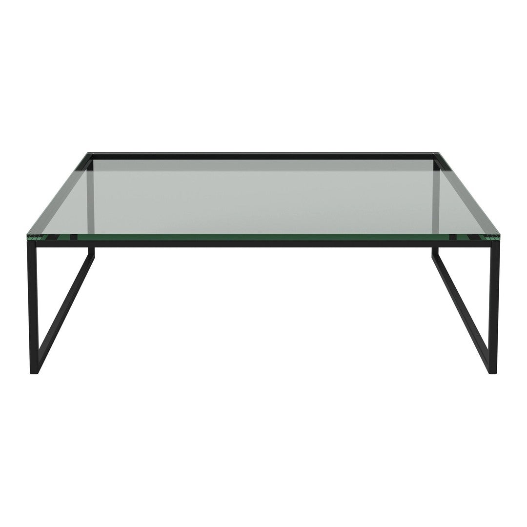 Clear glass coffee table with a sleek black metal frame and minimalistic design. Modern style with clean lines.