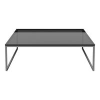 Sleek black coffee table with a smooth gray glass top and minimalist metal frame.