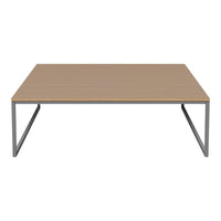 Modern coffee table with a light brown wood finish and sleek gray metal frame, featuring a simple, clean design.