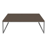 Brown wooden coffee table with a sleek, minimalist design and metal legs, perfect for modern living spaces.