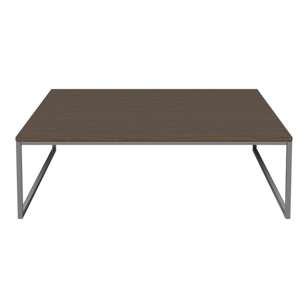 Brown wooden coffee table with a sleek, minimalist design and metal legs, perfect for modern living spaces.