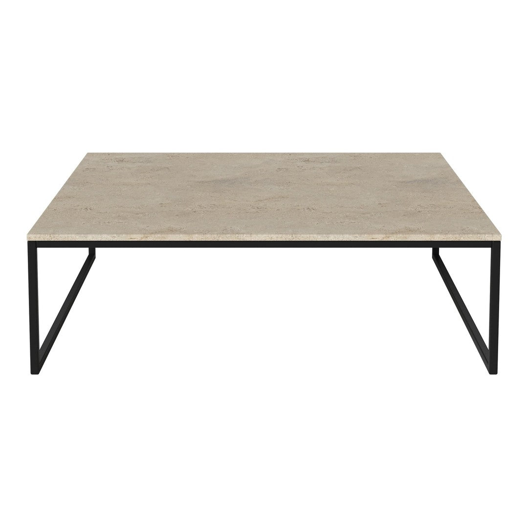 Light beige marble tabletop with subtle veining, paired with a sleek black metal frame. Modern and minimalist design.