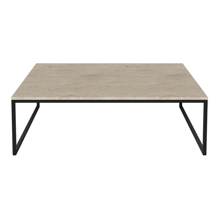 Light beige marble tabletop with subtle veining, paired with a sleek black metal frame. Modern and minimalist design.