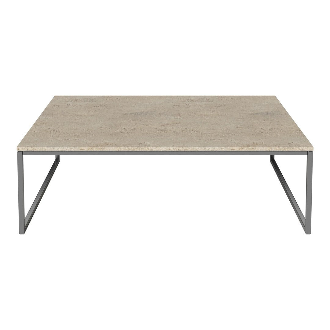 Light gray rectangular coffee table with a smooth stone top and sleek metal legs. Modern minimalist design.