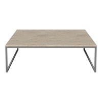 Light gray rectangular coffee table with a smooth stone top and sleek metal legs. Modern minimalist design.