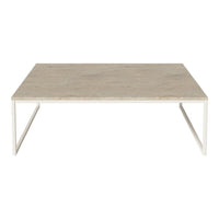 Light beige rectangular coffee table with a smooth surface and sleek white metal legs, perfect for modern decor.