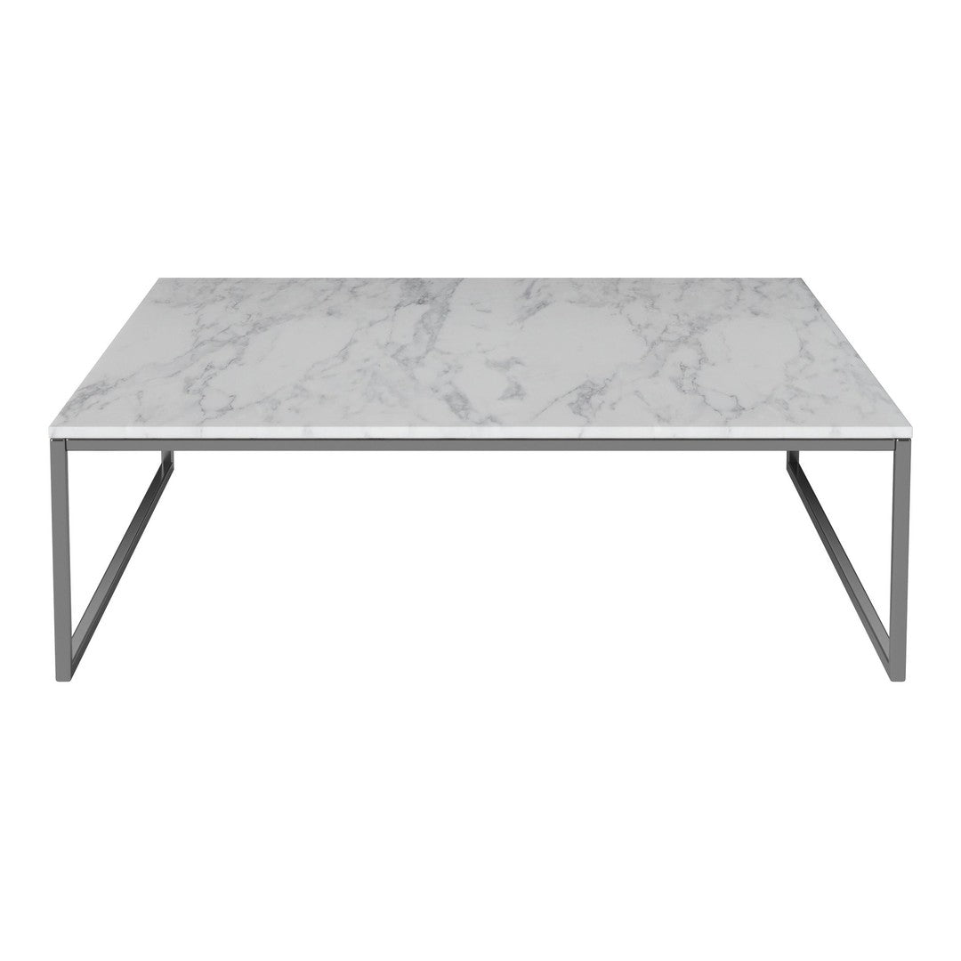 White marble coffee table with gray veining and a minimalist metallic frame. Elegant and modern design.