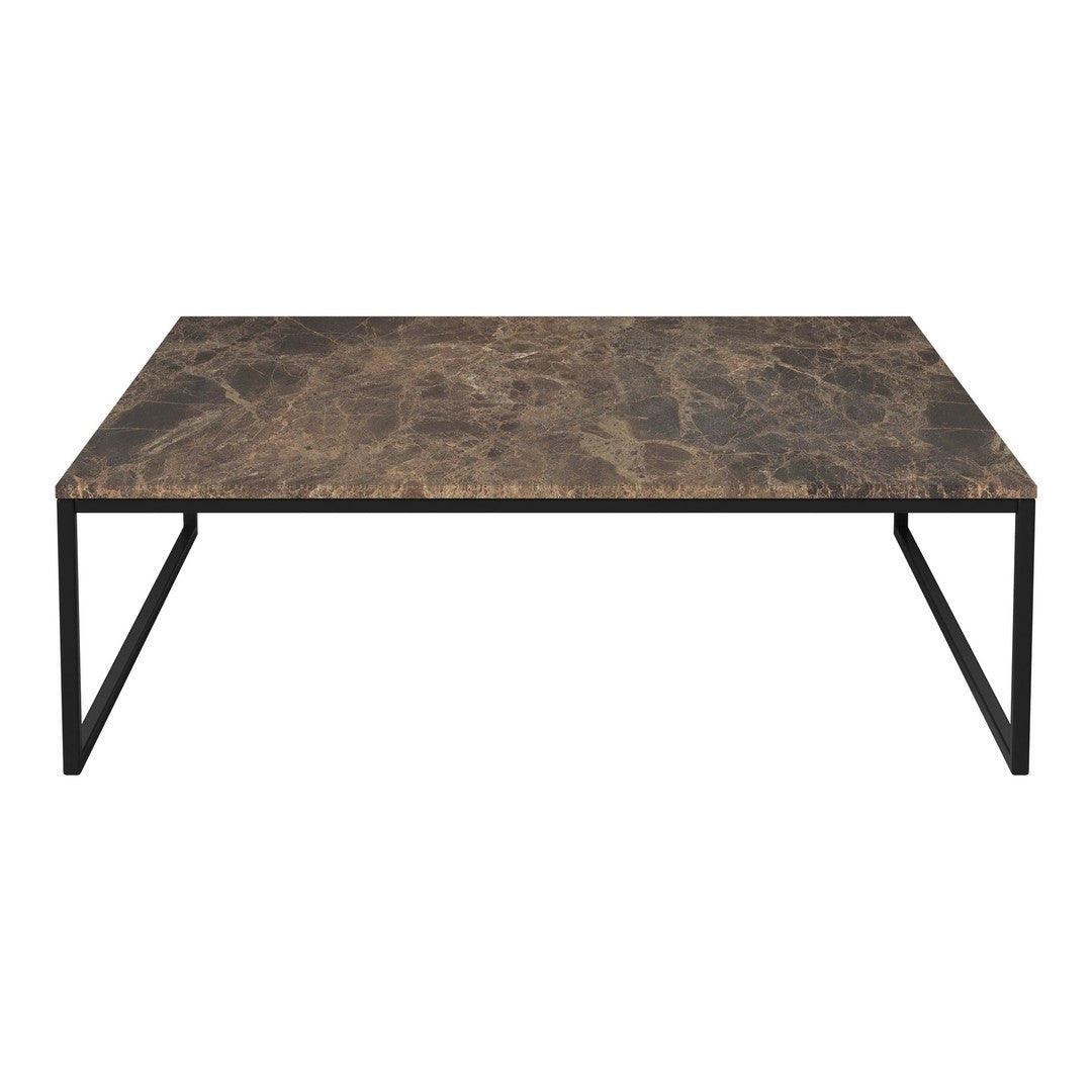 Stylish coffee table featuring a dark, marbled surface with subtle gold veining and black metal legs.