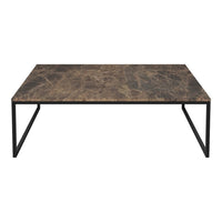 Stylish coffee table featuring a dark, marbled surface with subtle gold veining and black metal legs.
