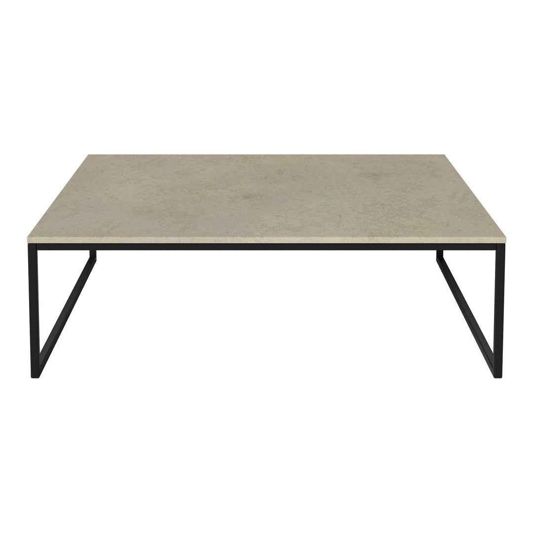 Neutral gray tabletop with a smooth finish, complemented by sleek black metal legs. Modern minimalist design.