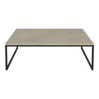 Neutral gray tabletop with a smooth finish, complemented by sleek black metal legs. Modern minimalist design.
