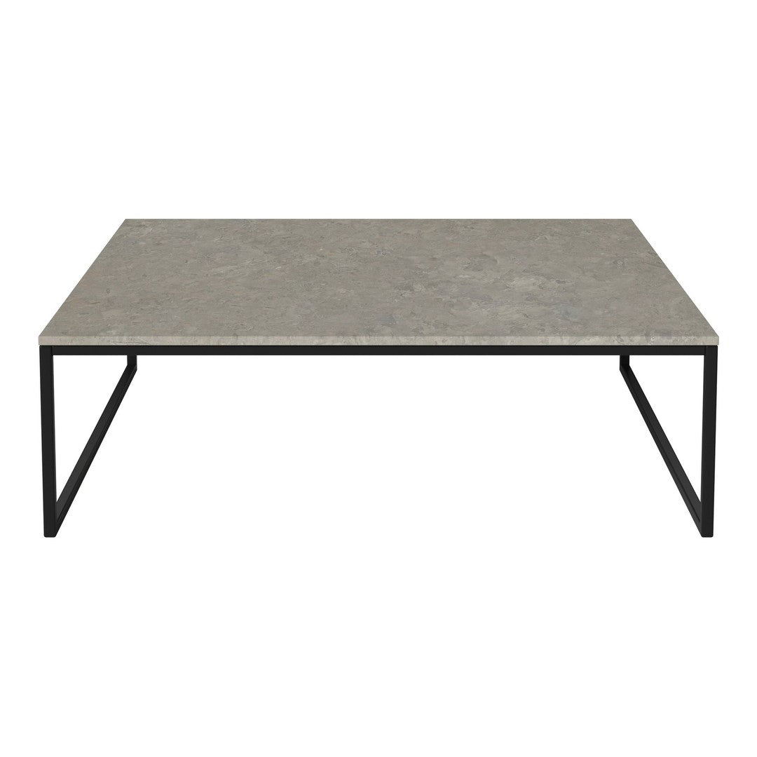 Gray concrete table top with a sleek black metal frame, showcasing modern minimalism.