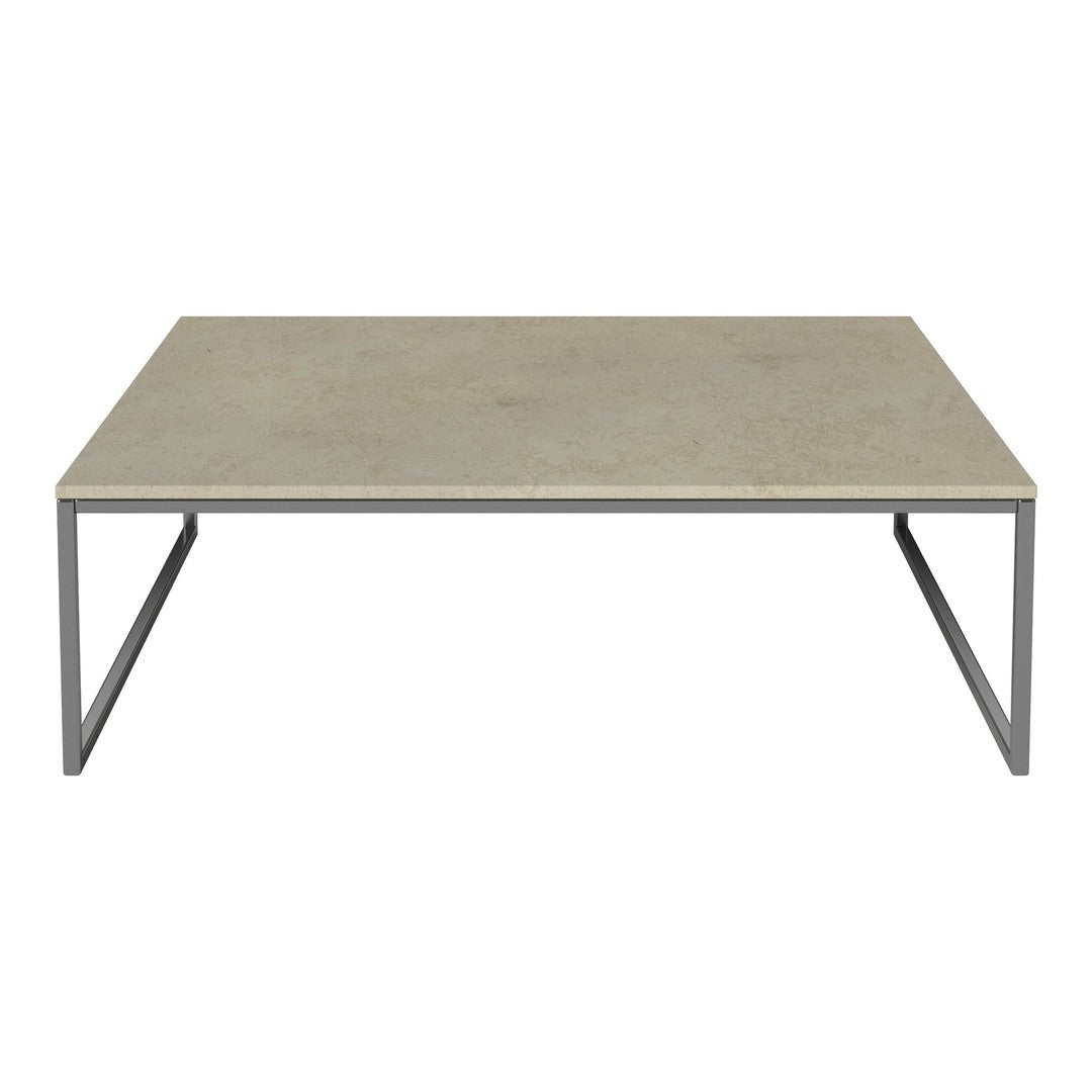Light gray rectangular coffee table with a smooth surface and sleek black metal legs. Minimalist design, no patterns.