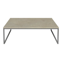Light gray rectangular coffee table with a smooth surface and sleek black metal legs. Minimalist design, no patterns.