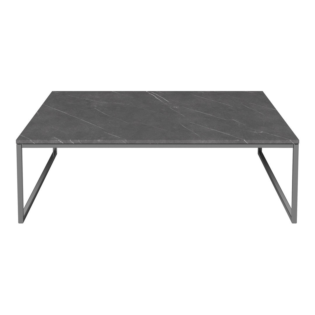Gray marble coffee table with sleek metal legs, featuring subtle veining and a modern minimalist design.