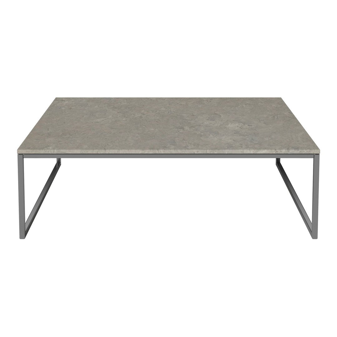 Gray rectangular coffee table with a smooth surface and sleek metallic legs, perfect for modern decor.