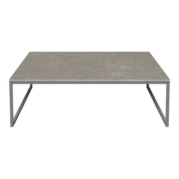Gray rectangular coffee table with a smooth surface and sleek metallic legs, perfect for modern decor.