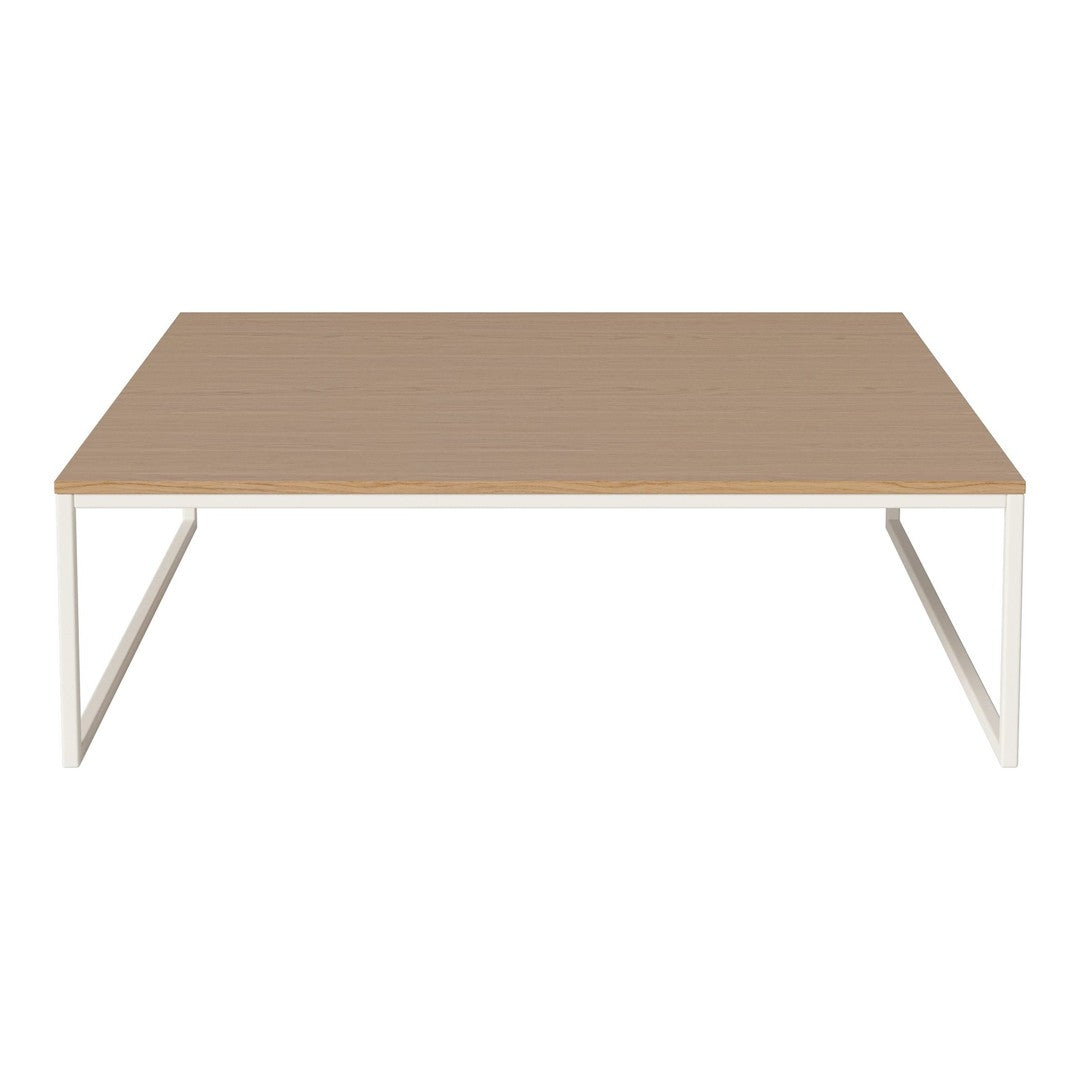 Light brown table top with a smooth finish and white metal legs, showcasing a modern minimalist design.