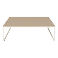 Light wood coffee table with a smooth surface and minimalist white metal legs. Simple, modern design.