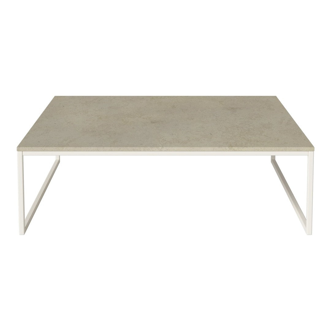 Rectangle coffee table with a light gray stone top and sleek white metal legs, designed for modern interiors.