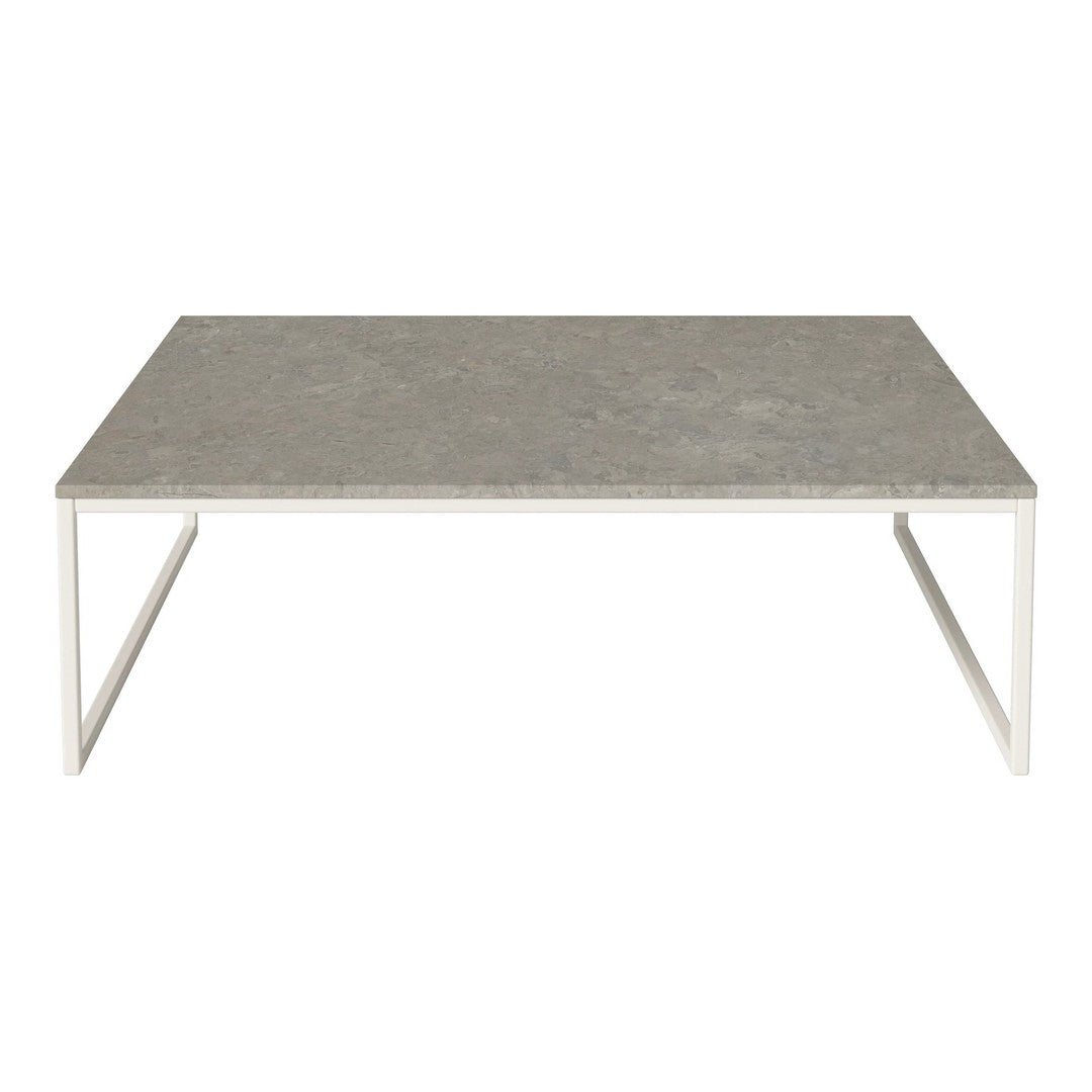 Gray textured tabletop with a sleek white metal frame, perfect for modern decor. Ideal for stylish living rooms.