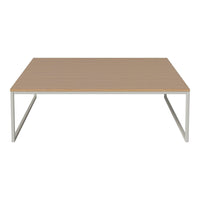 Light brown wooden tabletop with a smooth finish and sleek silver metal legs. Modern, minimalistic design.