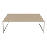 Light wood coffee table with a smooth surface and minimalist silver metal legs. Modern design, neutral color palette.