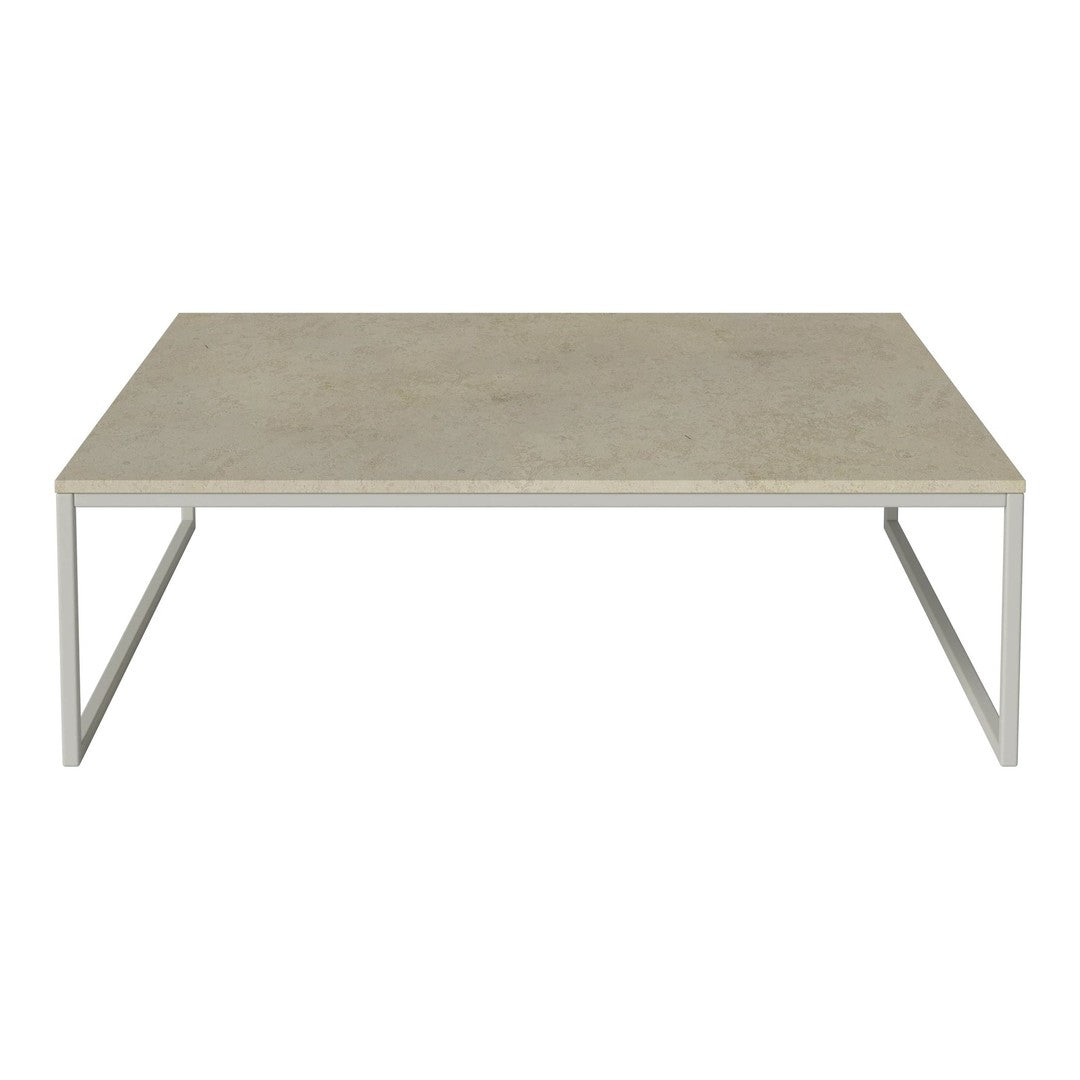Light gray rectangular coffee table with a smooth surface and sleek silver metal legs.