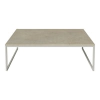 Light gray rectangular coffee table with a smooth surface and sleek silver metal legs.