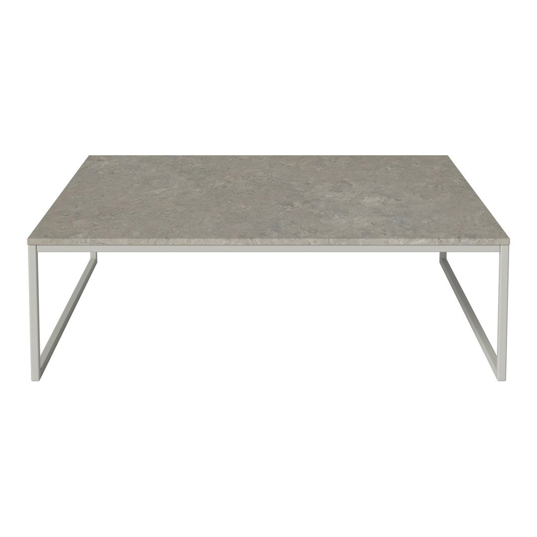 Gray rectangular coffee table with a smooth surface and sleek metal legs. Minimalist design for modern interiors.