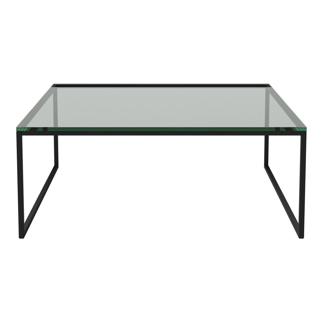 "Modern rectangular coffee table with a transparent glass top and black metal frame, featuring clean lines and minimalistic design."