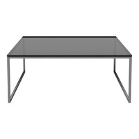 Rectangular glass coffee table with a sleek black metal frame and smooth grey top, perfect for modern decor.
