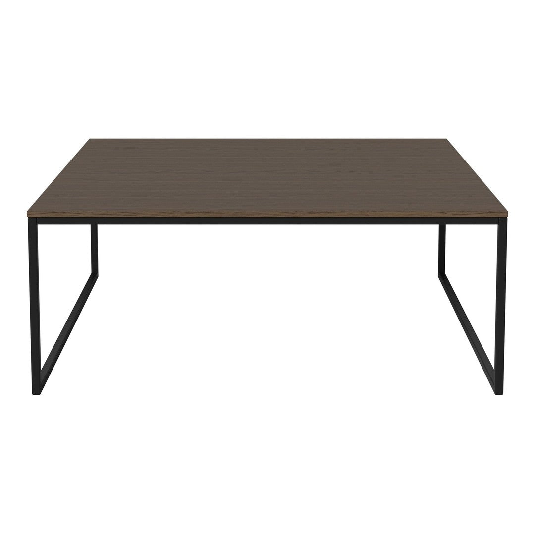 Brown wooden tabletop with a smooth finish, supported by sleek black metal legs in a minimalist design.