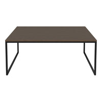 Brown wooden tabletop with a smooth finish, supported by sleek black metal legs in a minimalist design.