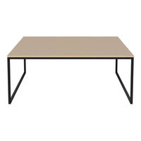 Modern rectangular table with a light wood top and sleek black metal legs. Simple, stylish design for any decor.