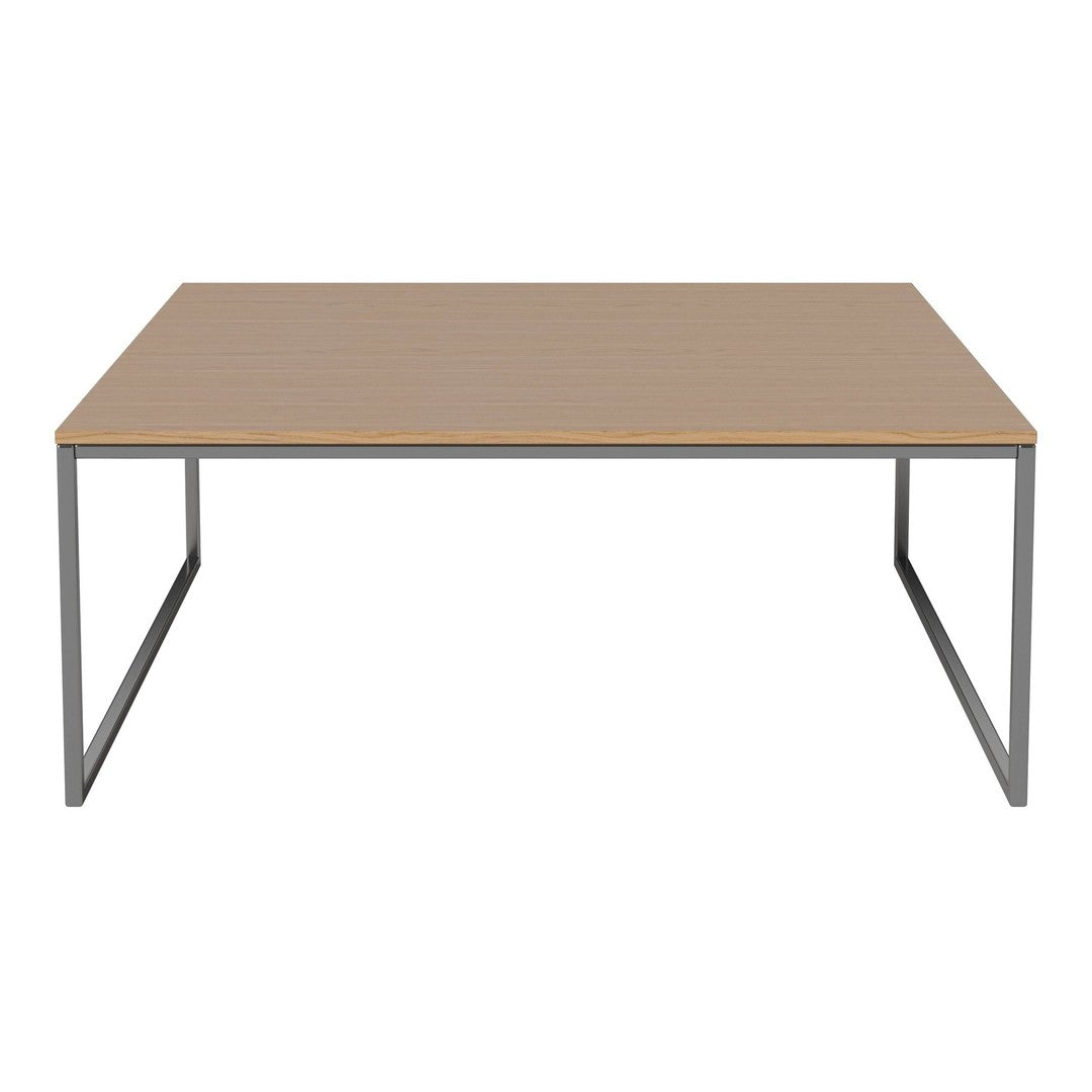 Light wood tabletop with a smooth finish, paired with sleek metal gray legs for a modern aesthetic.