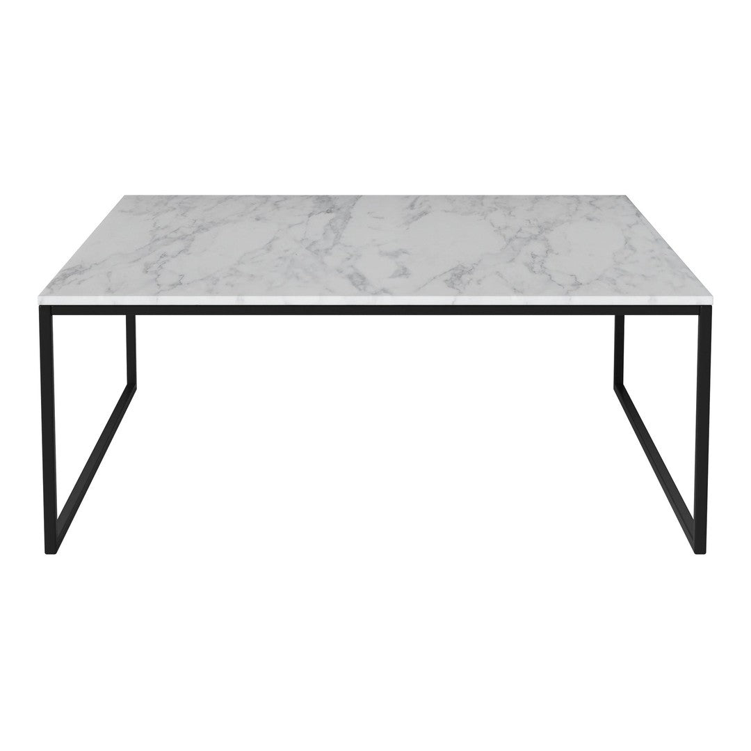 White marble tabletop with gray veining, framed by a sleek black metal base. Elegant and modern design.