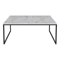 White marble tabletop with gray veining, framed by a sleek black metal base. Elegant and modern design.