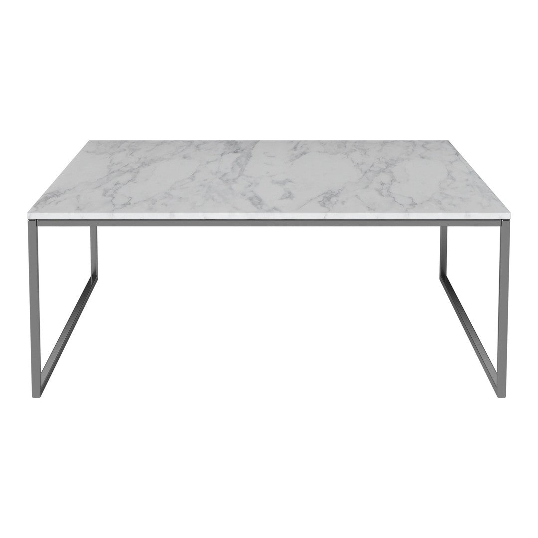 Stylish rectangular coffee table with a white marble top and sleek silver metal legs. Elegant modern design.