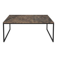 Rectangular table with a dark, marbled brown top and a sleek black metal frame, featuring modern minimalist design.