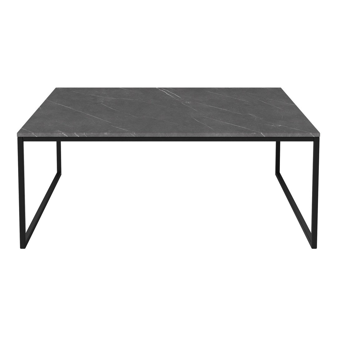 Black marble tabletop with subtle white veining, paired with a sleek black metal frame. Modern and stylish design.