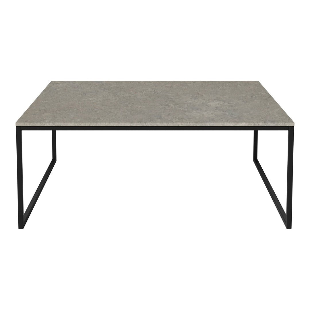 Gray tabletop with a smooth, textured finish and black metal legs, perfect for modern decor.
