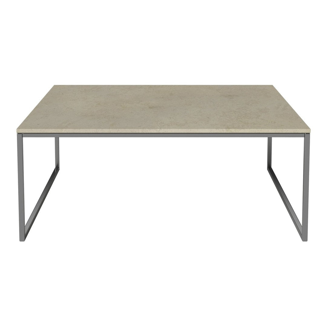 Modern gray concrete tabletop with sleek silver metal legs, minimalistic design, and seamless finish.
