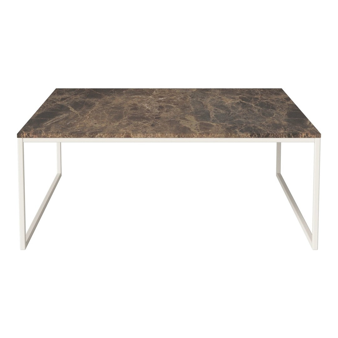 Brown marble tabletop with natural veining, complemented by a sleek white metal frame. Ideal for modern decor.